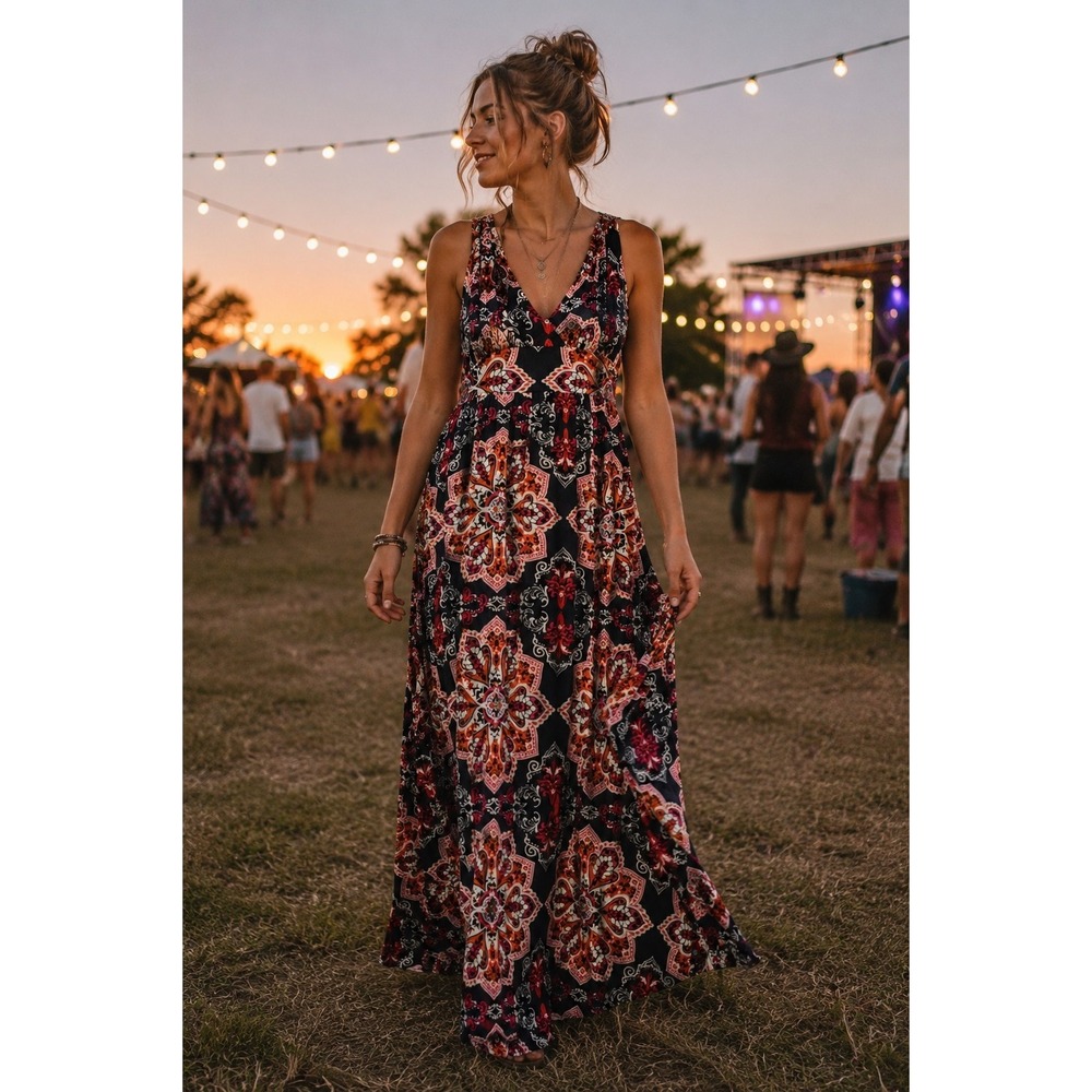 Loveappella Maxi Dress Boho Medallion Print Strappy Back Sleeveless 20" Chest